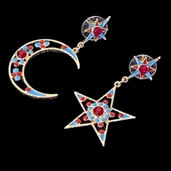 Bijoux Star Crescent Moon Mismatched Gold Tone Multicolor Dangle Earrings NWT - Picture 6 of 14
